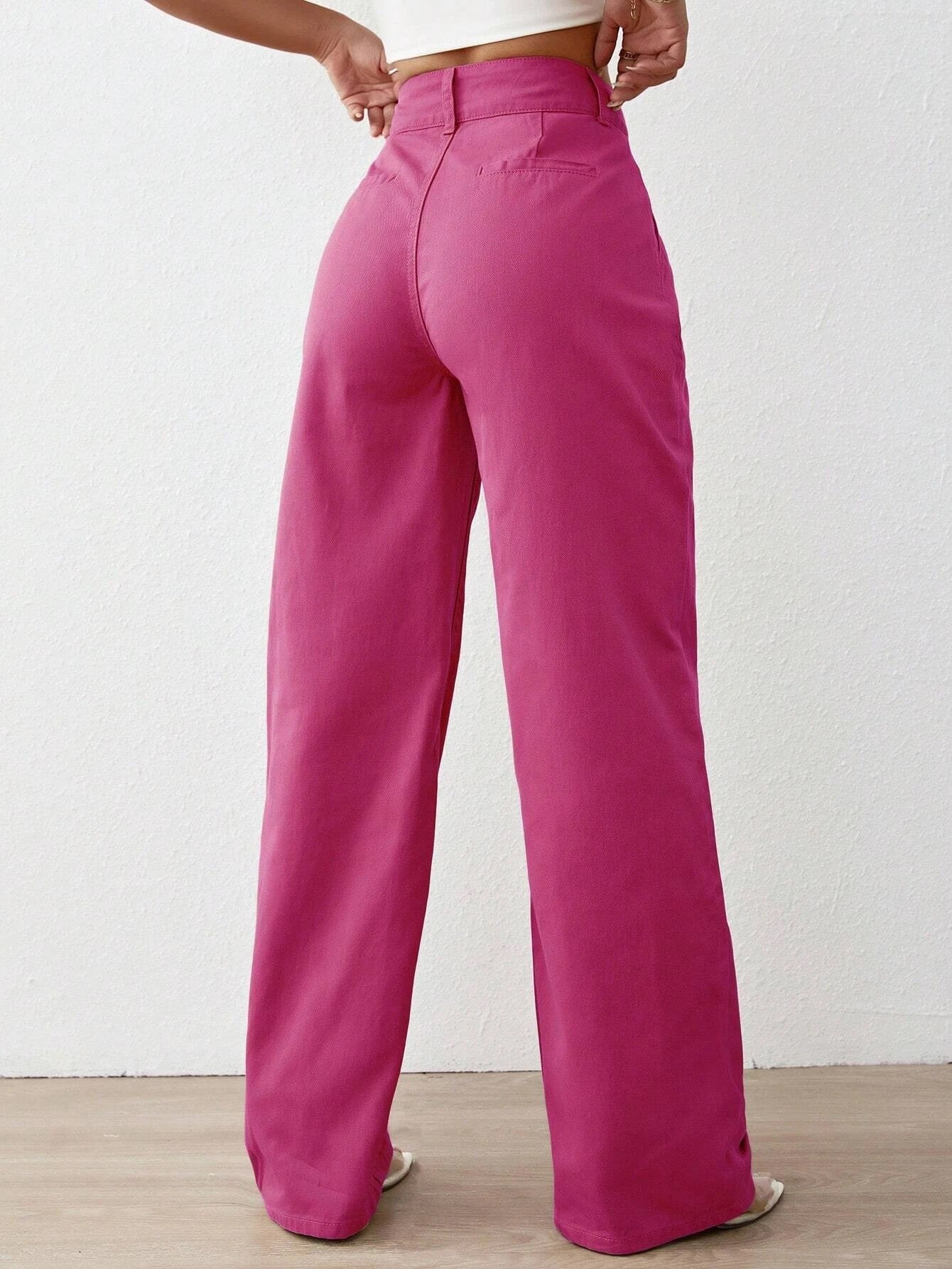 CM-BS959569 Women Preppy Seoul Style Solid High Waist Wide Leg Jeans - Hot Pink