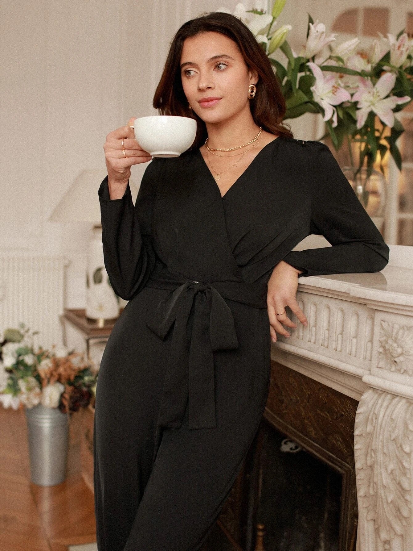 CM-JS284412 Women Elegant Seoul Style Long Sleeve Lace Insert V-Neck Jumpsuit - Black