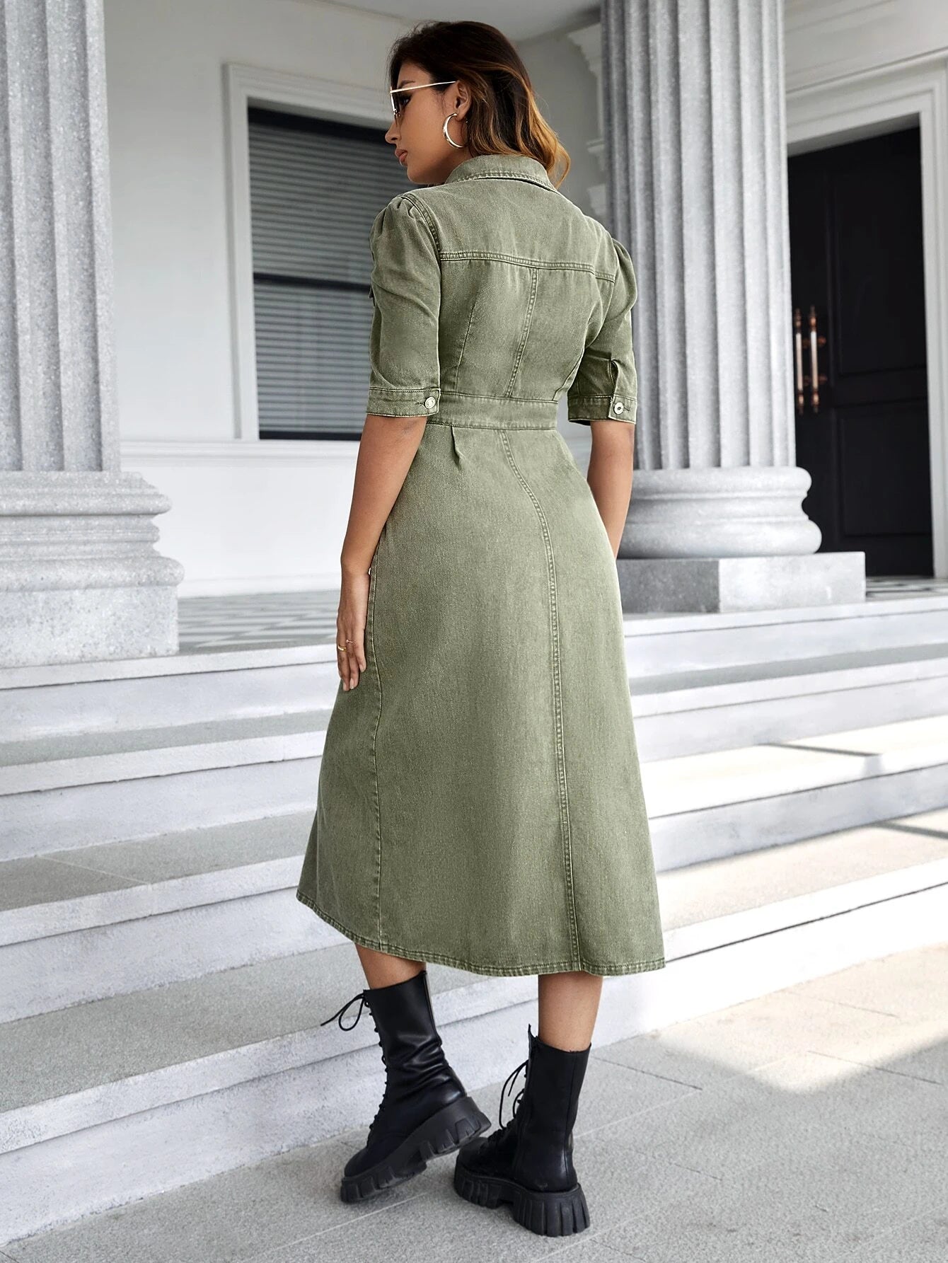CM-DS942553 Women Casual Seoul Style Flap Pocket Puff Sleeve Denim Dress - Army Green