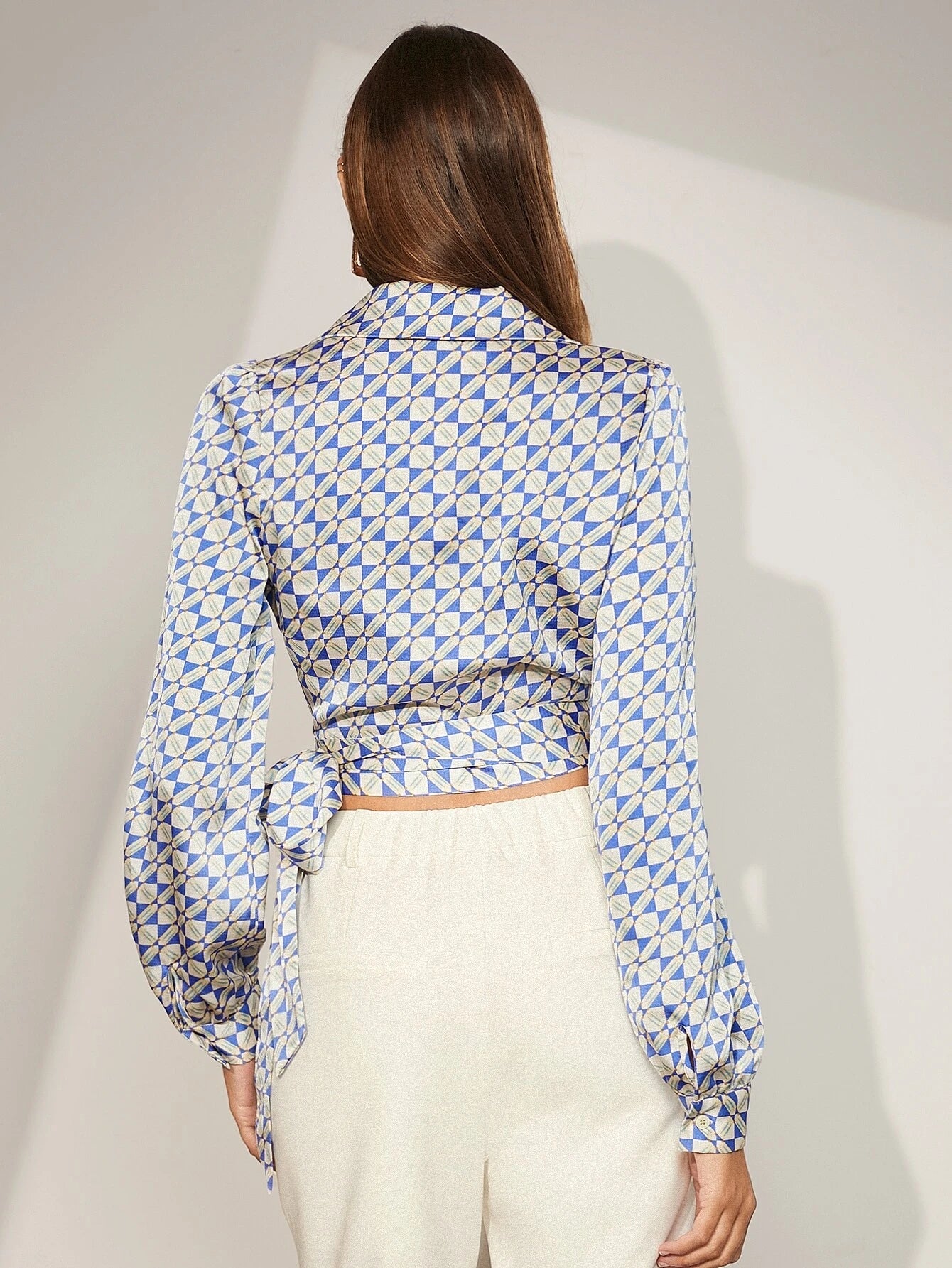 CM-TS101493 Women Elegant Seoul Style Allover Print Knot Side Wrap Blouse