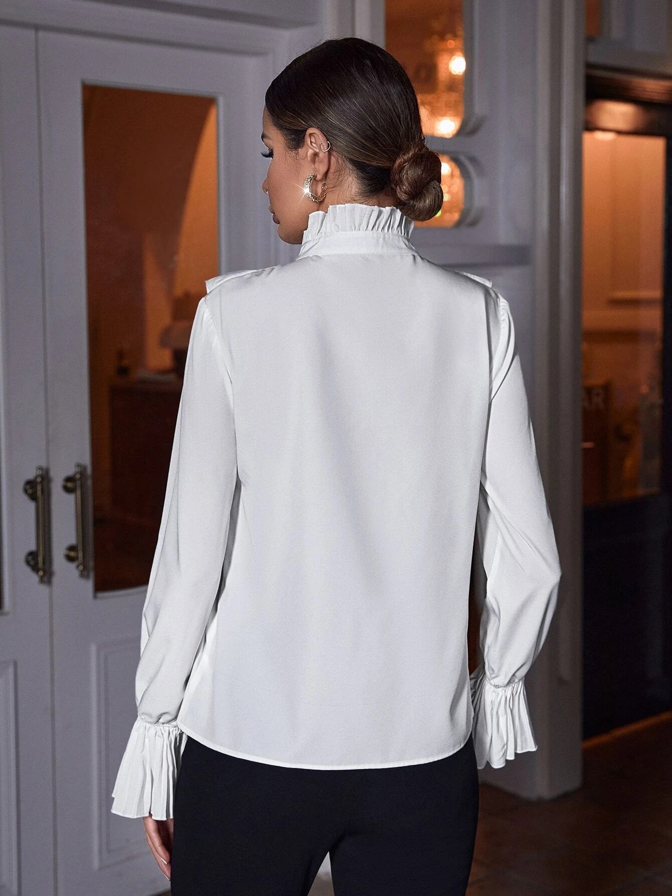 CM-TS334385 Women Elegant Seoul Style Ruffle Trim Flounce Sleeve Blouse - White