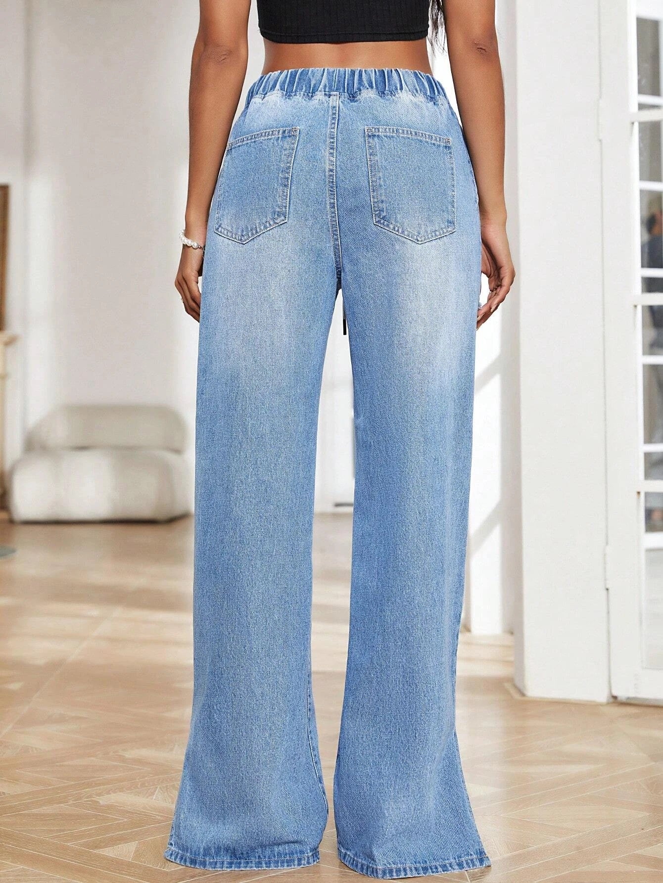 CM-BS911103 Women Preppy Seoul Style Drawstring Waist Split Hem Wide Leg Jeans