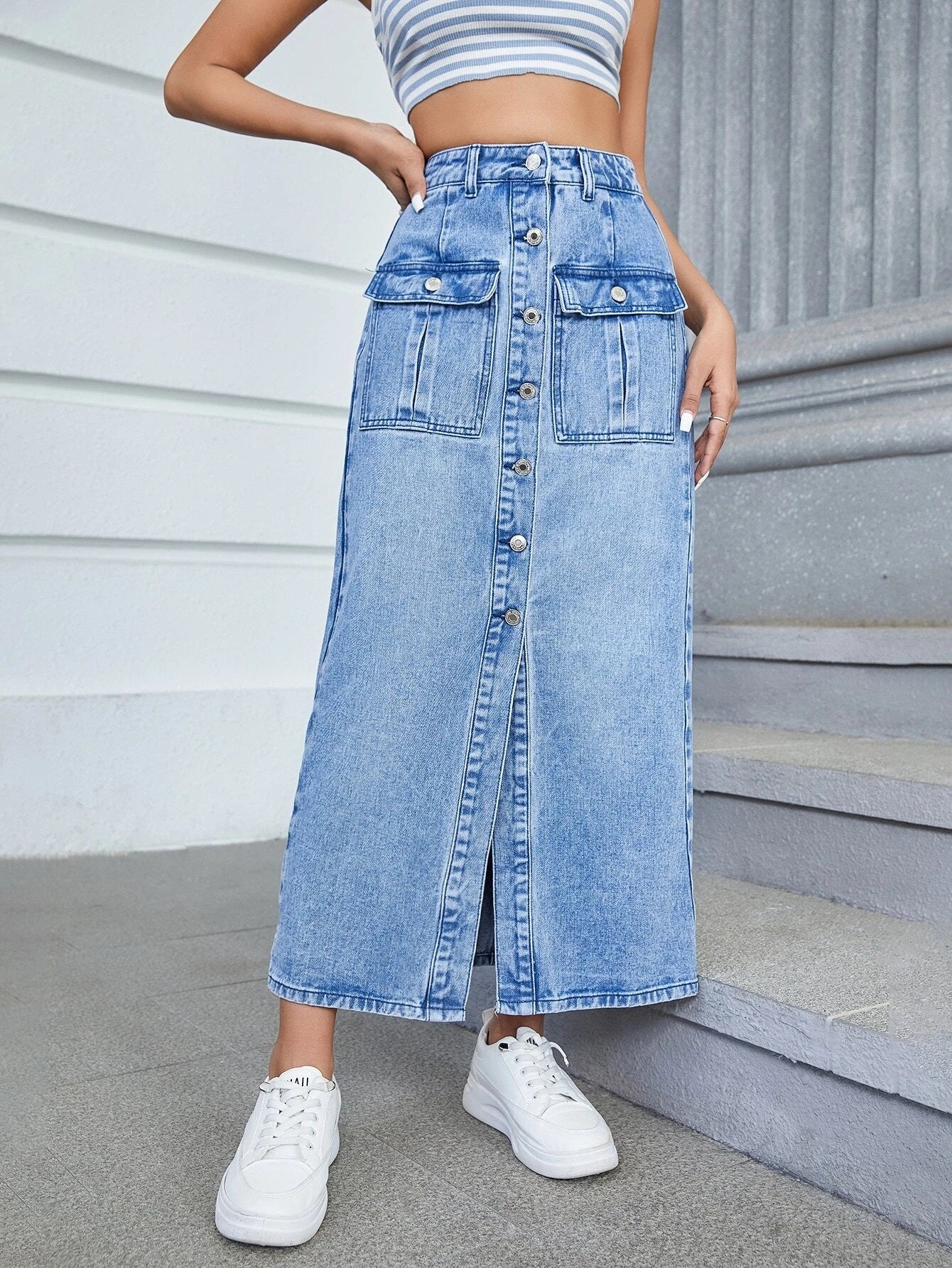 CM-BS795112 Women Casual Seoul Style Medium Wash Button Front Flap Pocket Denim Skirt