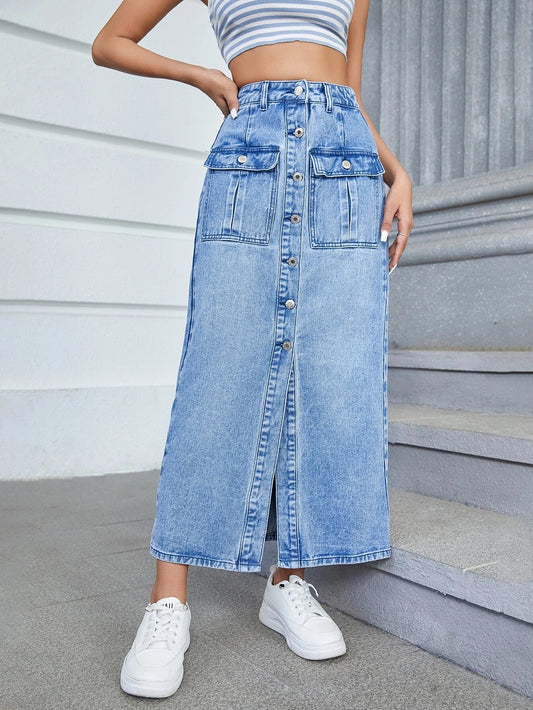 CM-BS795112 Women Casual Seoul Style Medium Wash Button Front Flap Pocket Denim Skirt