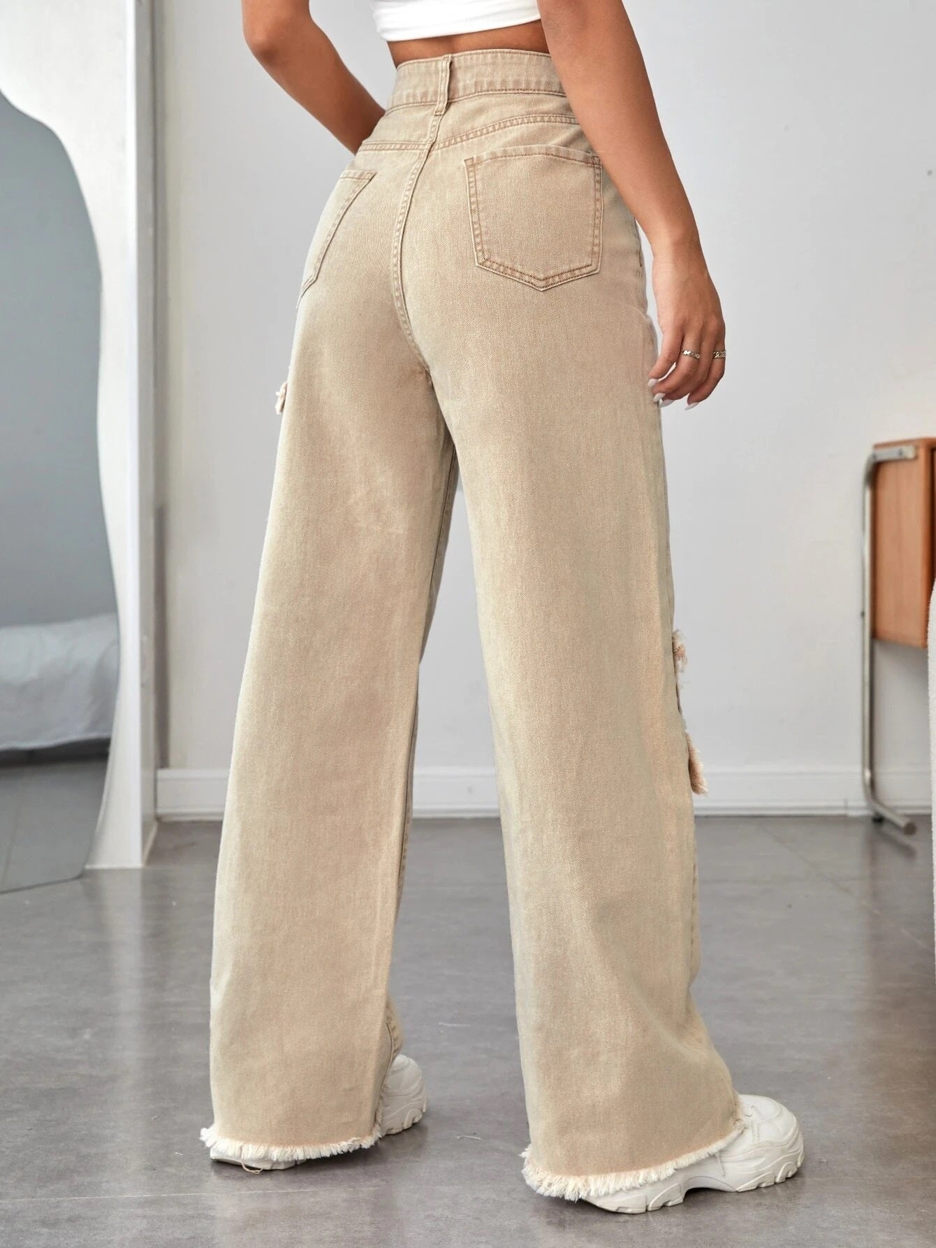 CM-BS161262 Women Casual Seoul Style High Waist Raw Trim Wide Leg Jeans - Khaki