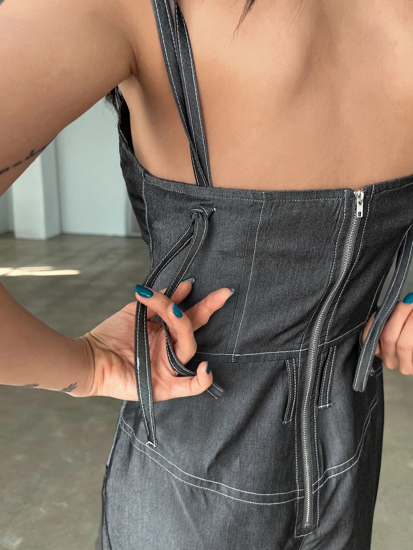 CM-JS020685 Women Casual Seoul Style Solid Slant Pocket Zip Back Cami Jumpsuit - Dark Gray