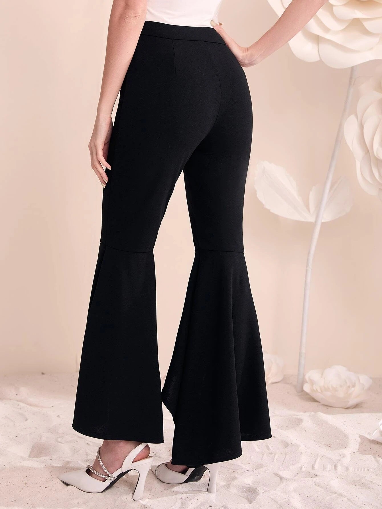 CM-BS138331 Women Elegant Seoul Style High Waist Chain Detail Flare Leg Pants - Black