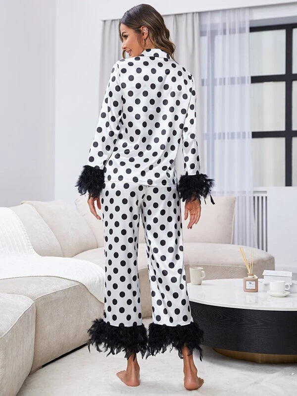 CM-LS028332 Women Trendy Seoul Style Polka Dot Print Fuzzy Cuff Pajama Set