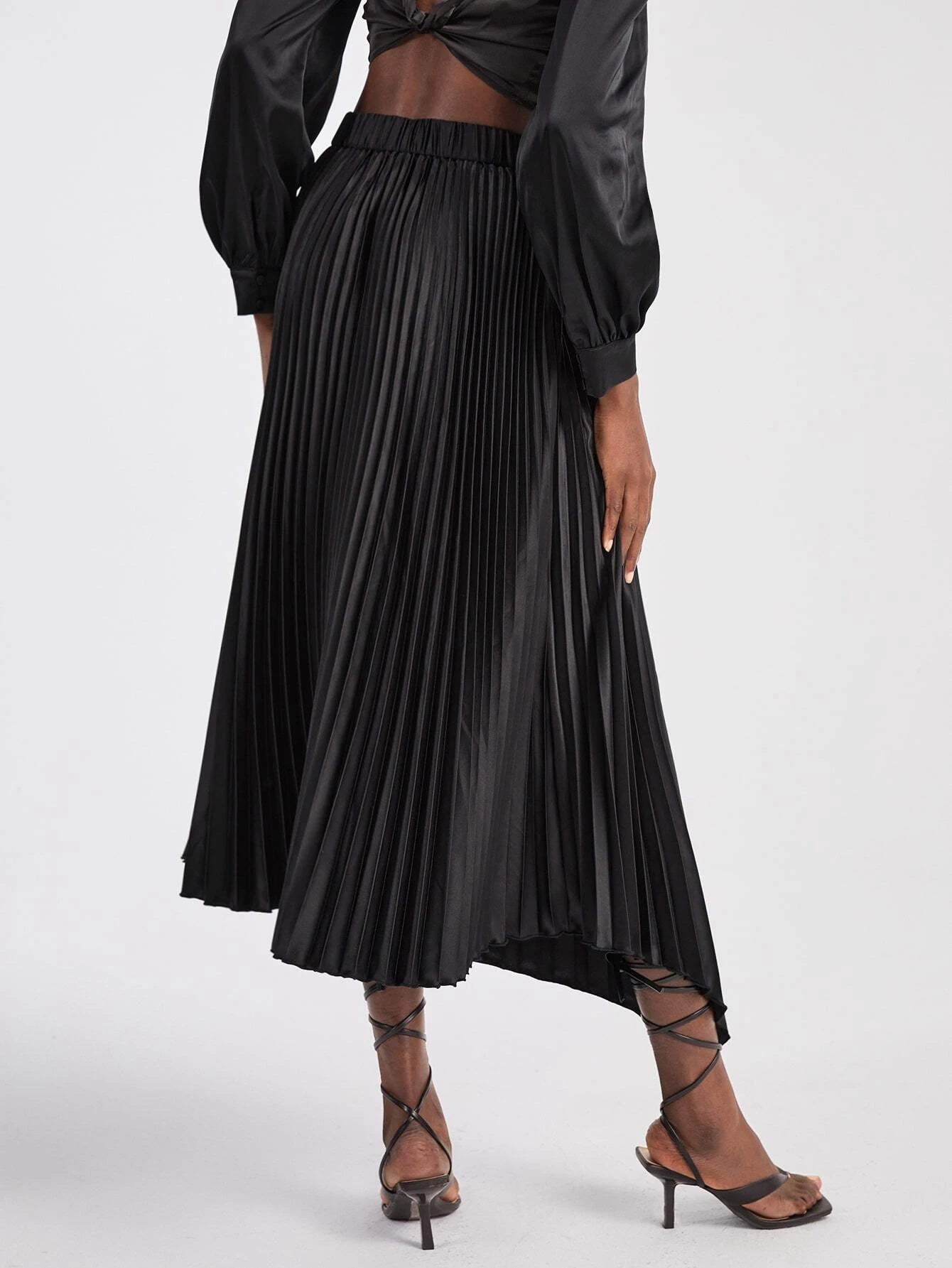 CM-BS477198 Women Elegant Seoul Style Asymmetrical Hem Pleated Skirt - Black