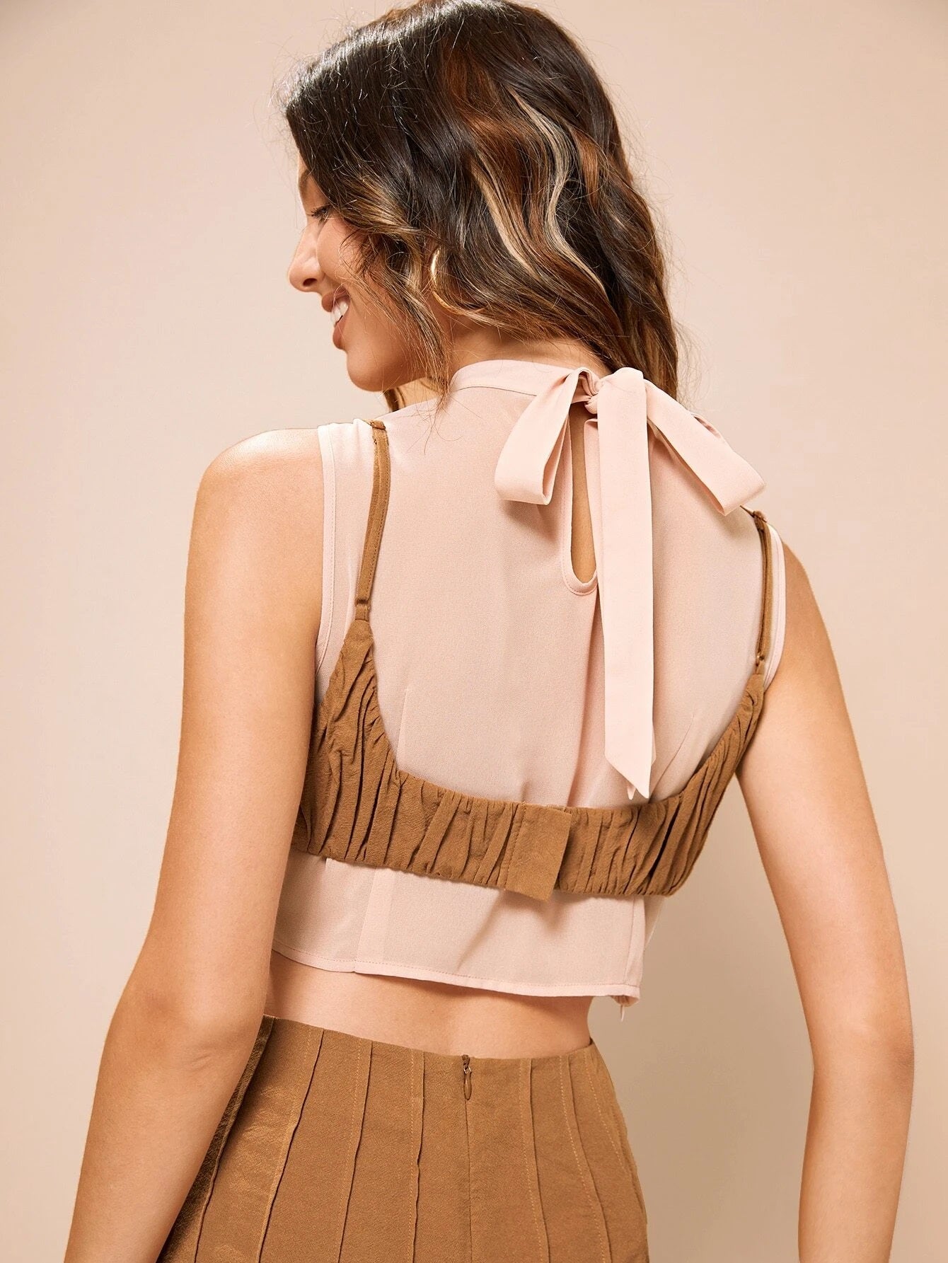 CM-TS092667 Women Trendy Bohemian Style Ruched Cami Top And Mock Neck Tank Top