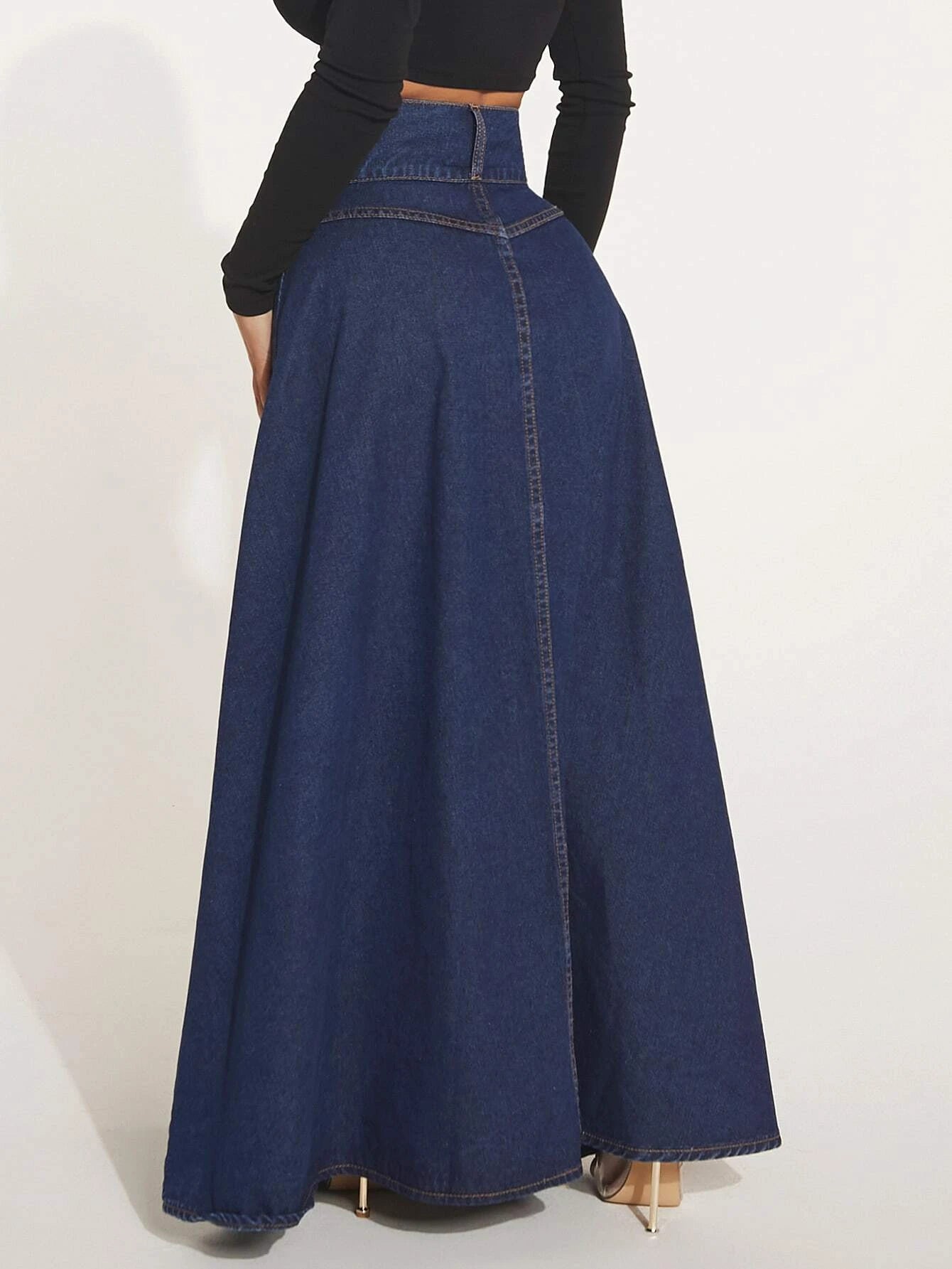 CM-BS809223 Women Preppy Seoul Style High Waist Button Front Flare Hem Denim Skirt