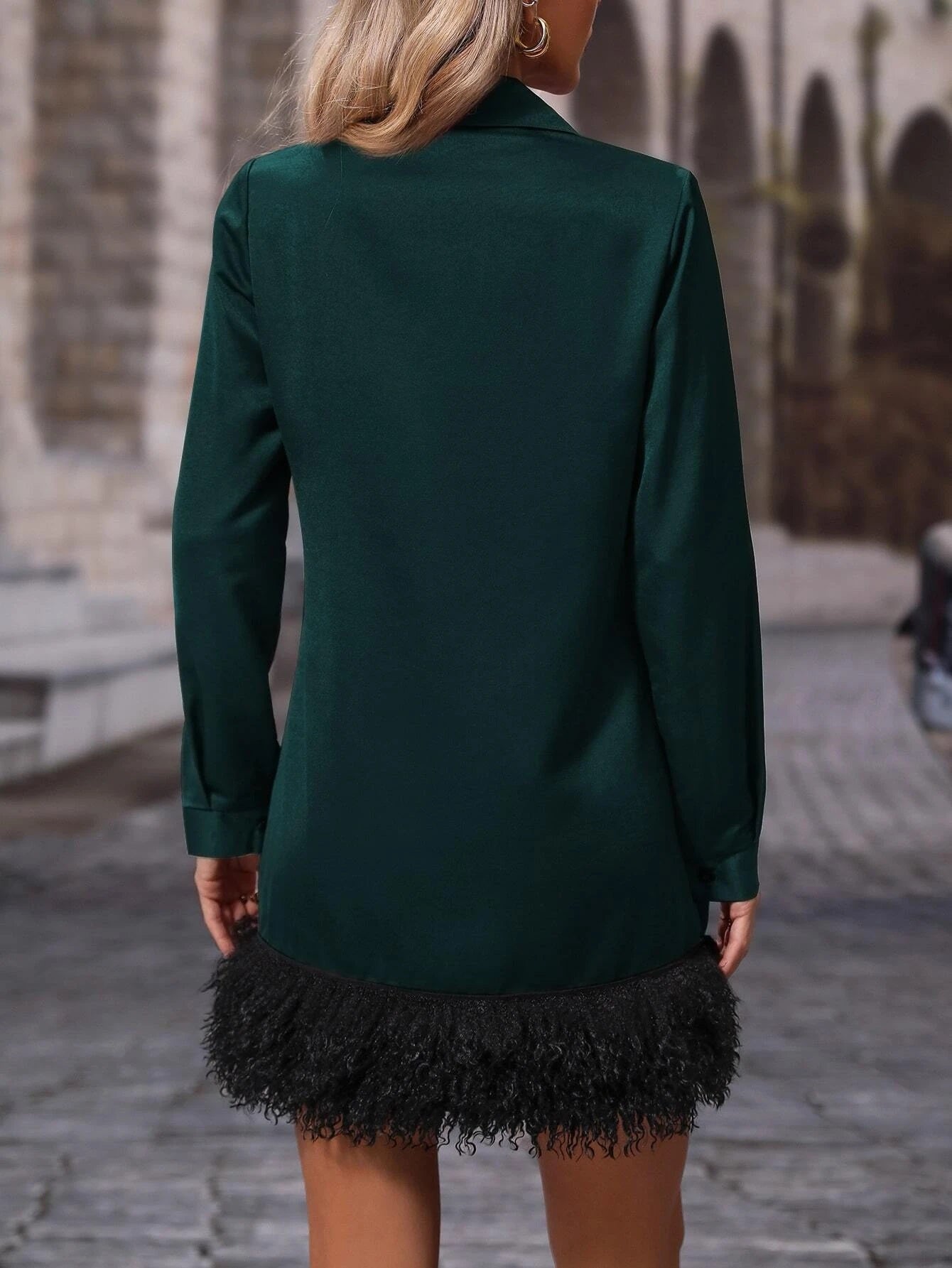 CM-DS365593 Women Elegant Seoul Style Collar Neckline Solid Fuzzy Hem Tunic Dress - Dark Green
