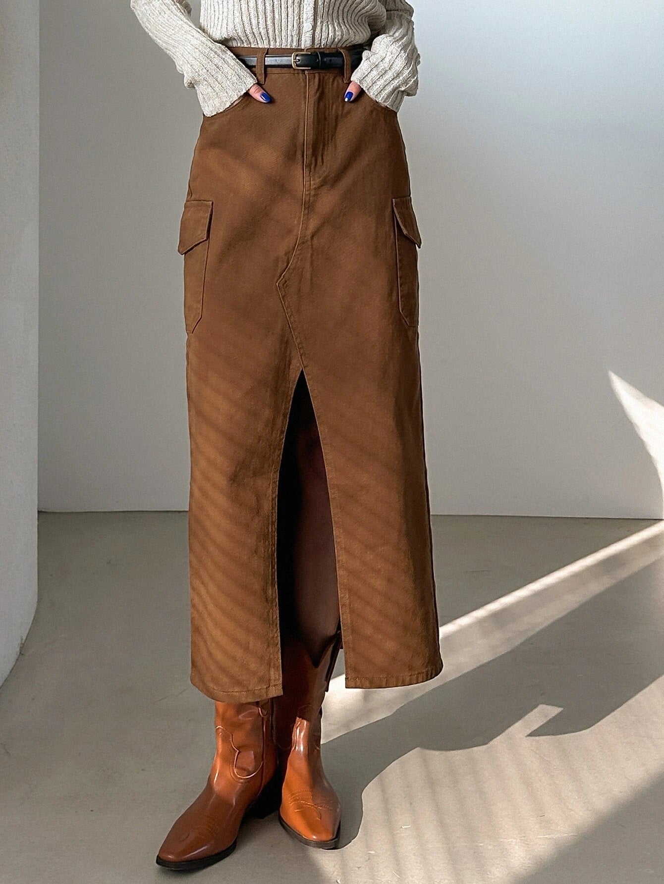 CM-BS080390 Women Casual Seoul Style High Waist Split Thigh Denim Skirt - Coffee Brown