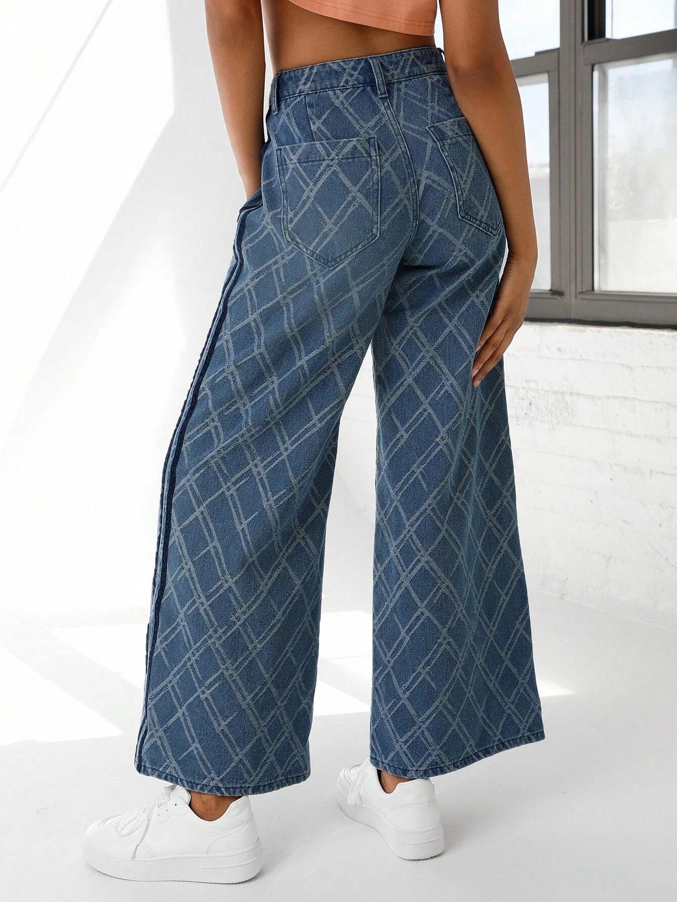 CM-BS353786 Women Preppy Seoul Style Medium Wash Geometric Print Wide Leg Jeans