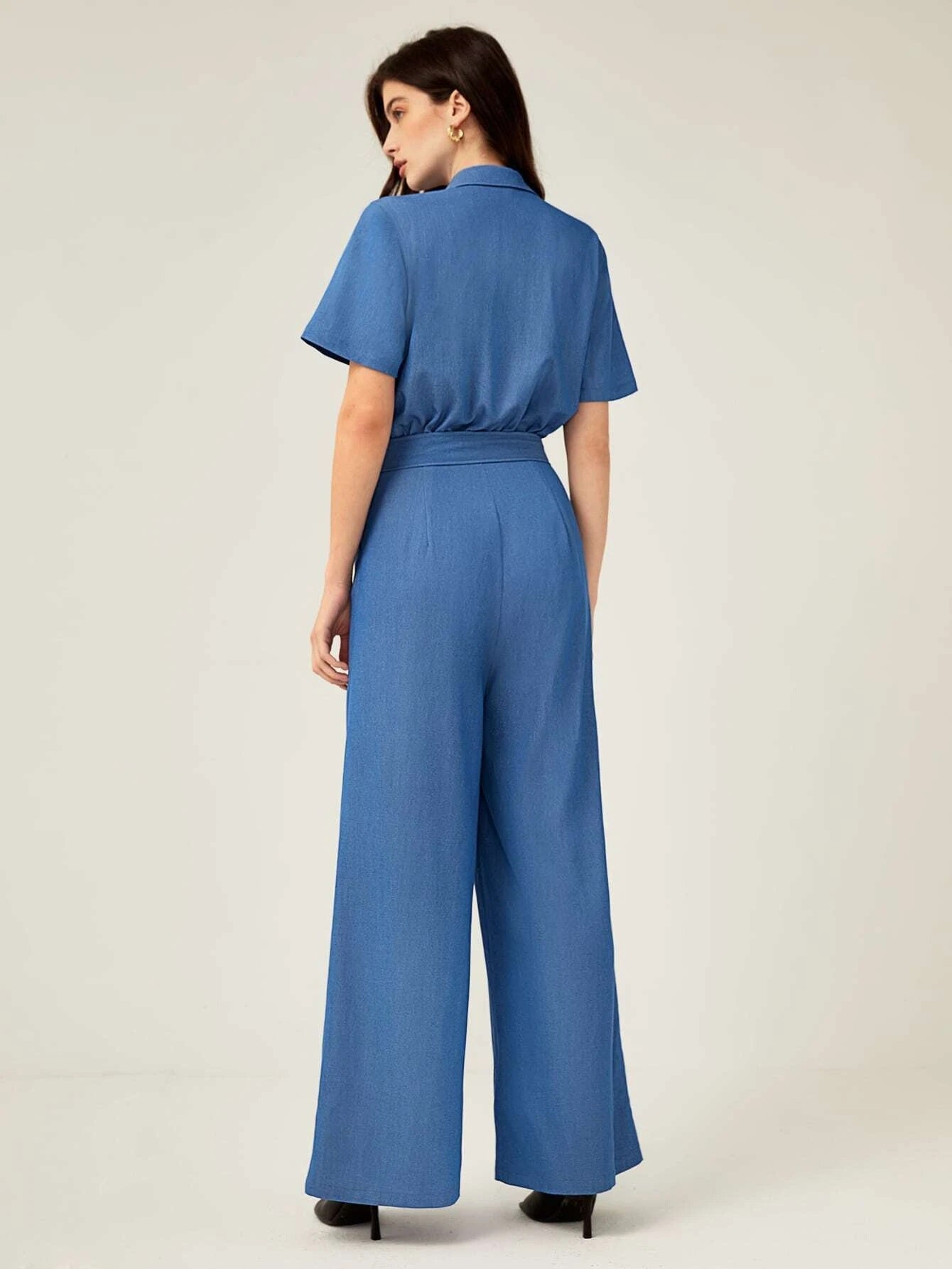 CM-JS779867 Women Elegant Seoul Style Short Sleeve Hidden Pocket Belted Jumpsuit - Blue