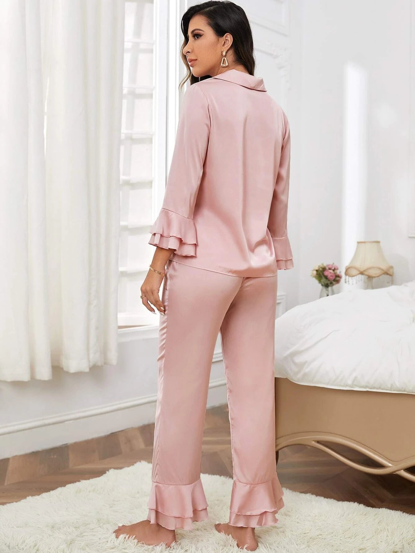CM-LS797397 Women Trendy Seoul Style Flounce Sleeve Satin Pajama Set - Baby Pink