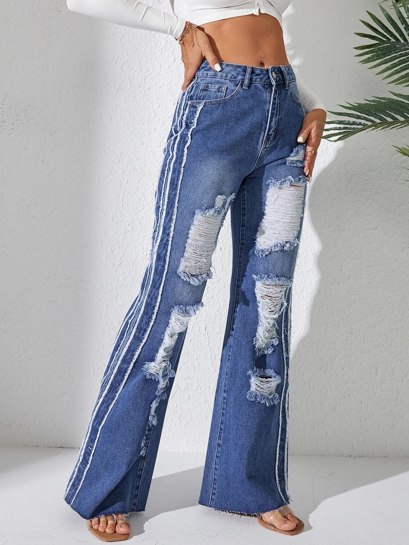 CM-BS875541 Women Casual Seoul Style Ripped Frayed Contrast Tape Flare Leg Jeans