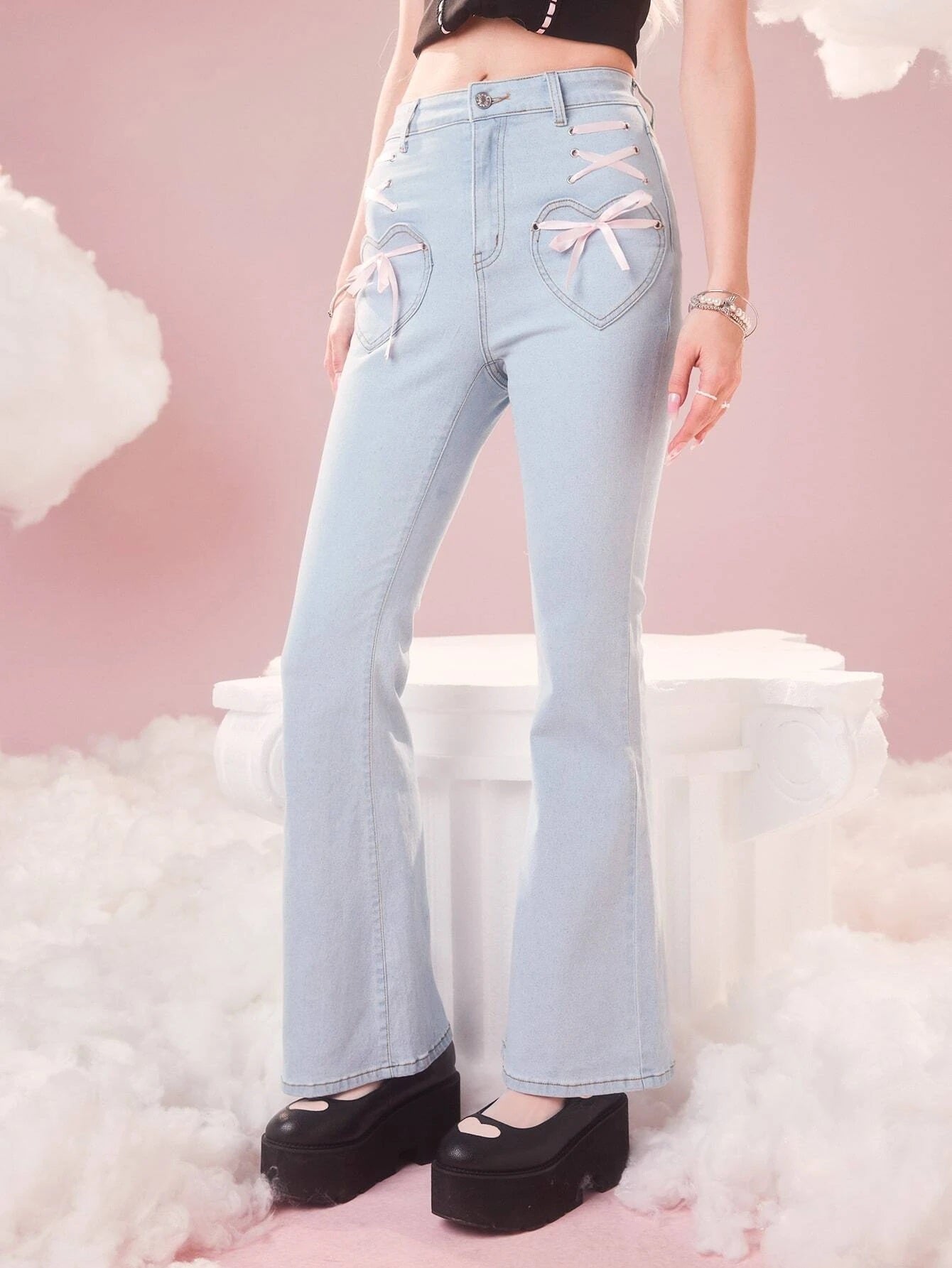 CM-BS756998 Women Casual Seoul Style Sweetness Bow Decor Flare Leg Jeans
