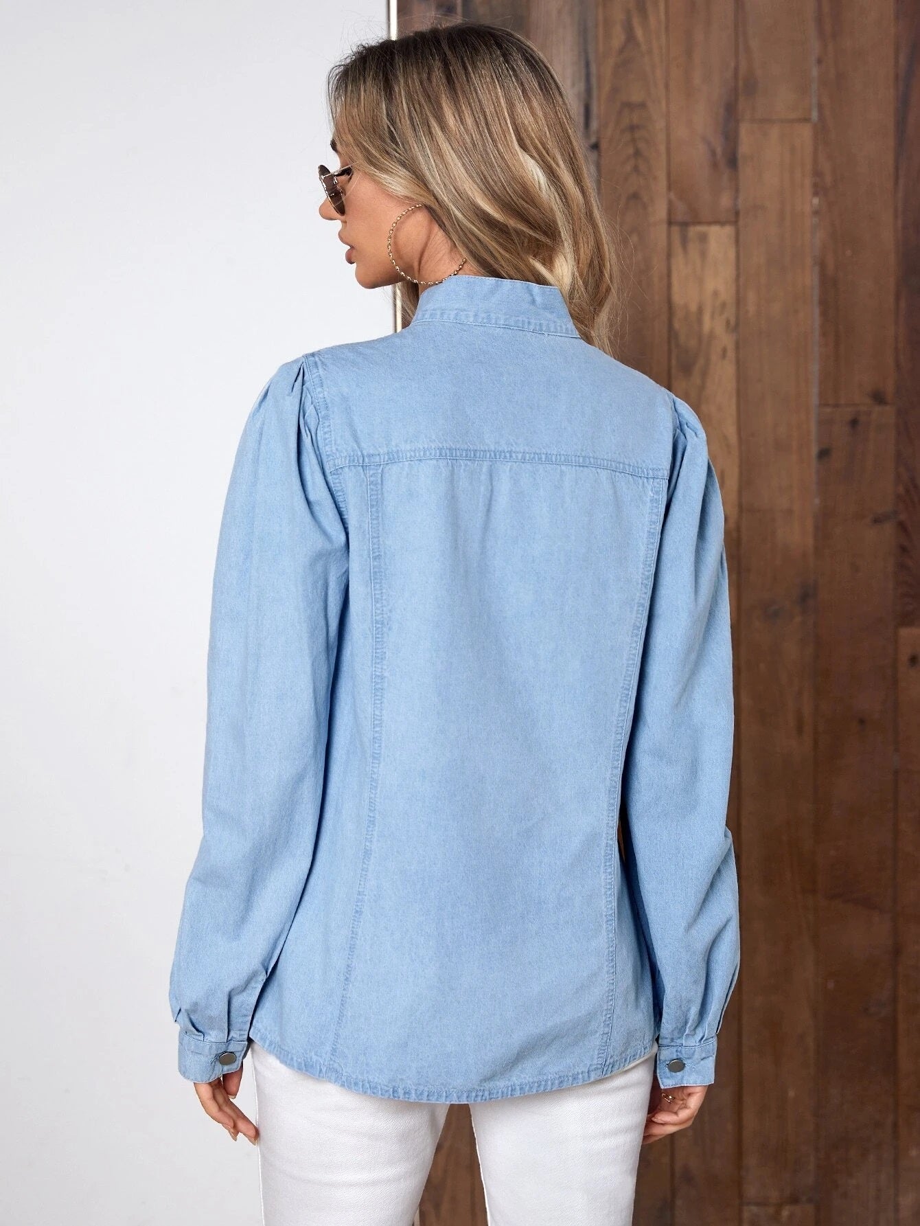 CM-TS126945 Women Casual Seoul Style Light Wash Tie Neck Button Front Denim Top