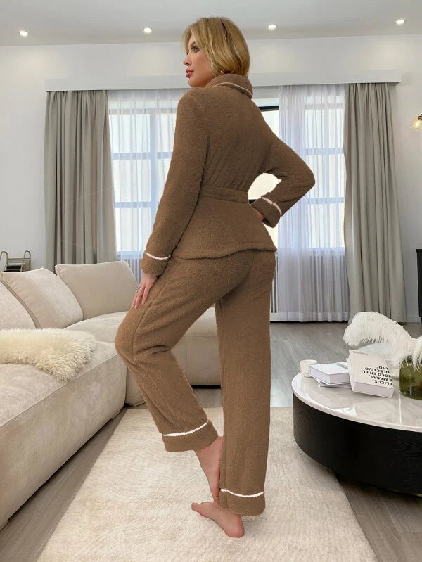 CM-LS202021 Women Trendy Seoul Style Contrast Tape Shawl Collar Belted Flannelette Pajama Set