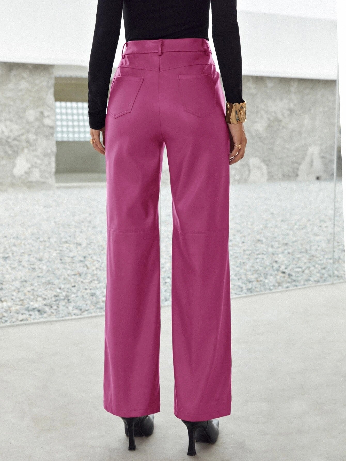 CM-BS237363 Women Elegant Seoul Style Zipper Fly Palazzo PU Pants - Hot Pink