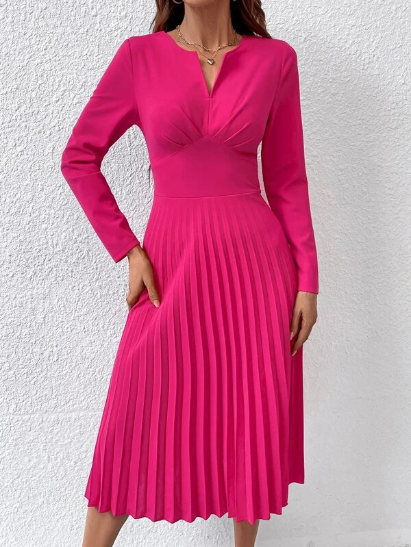 CM-DS121286 Women Elegant Seoul Style Sleeveless Notched Neckline Pleated Hem Dress
