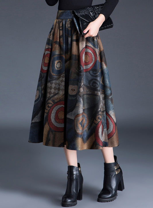 CM-BF112311 Women Retro European Style Floral Printing Woolen Long Skirt