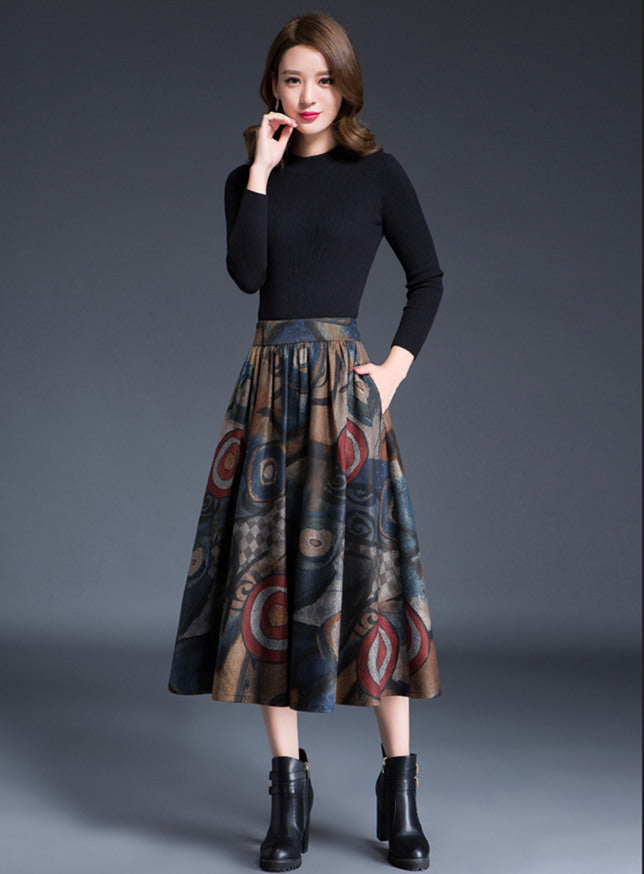 CM-BF112311 Women Retro European Style Floral Printing Woolen Long Skirt