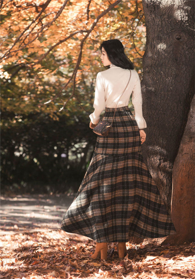 CM-SF121008 Women Retro Style Stand Collar Sweater With Plaids Woolen Long Skirt - Set