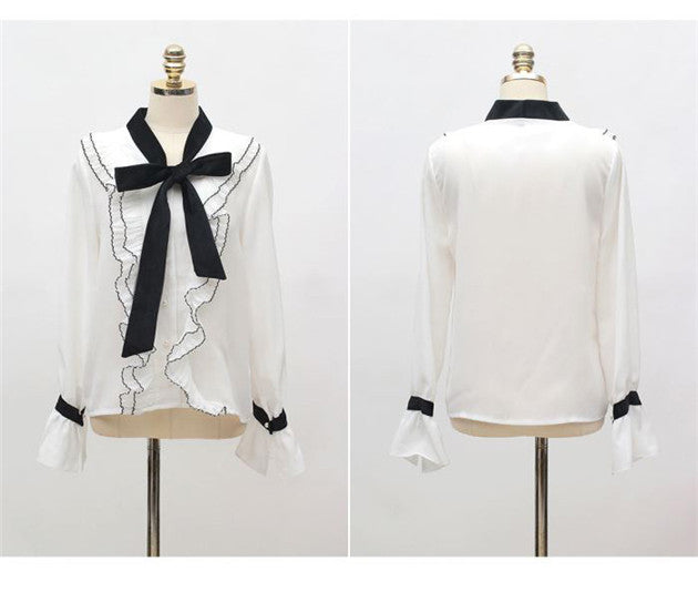 CM-TF121211 Women Elegant Seoul Style Bowknot Collar Flouncing Blouse - White