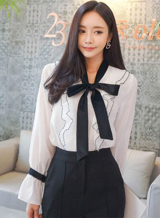 CM-TF121211 Women Elegant Seoul Style Bowknot Collar Flouncing Blouse - White