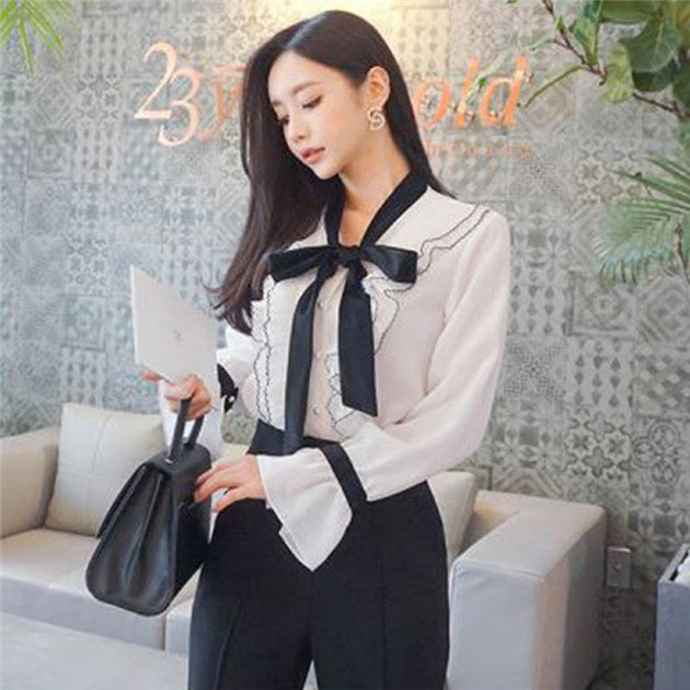 CM-TF121211 Women Elegant Seoul Style Bowknot Collar Flouncing Blouse - White