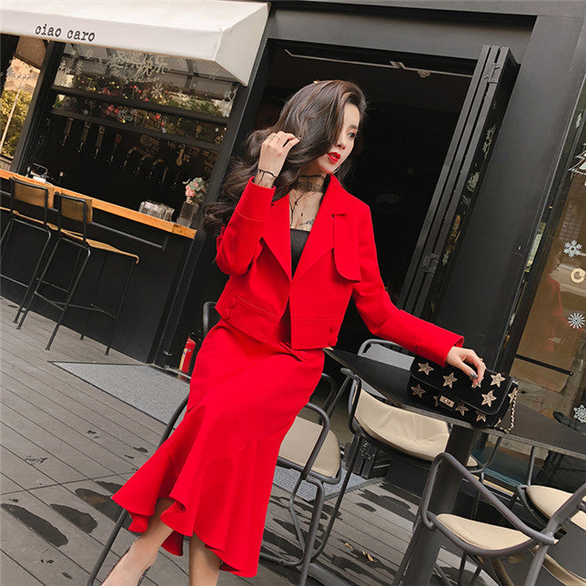 CM-SF121307 Women Elegant European Style Tailored Collar Coat With Fishtail Long Skirt - Set
