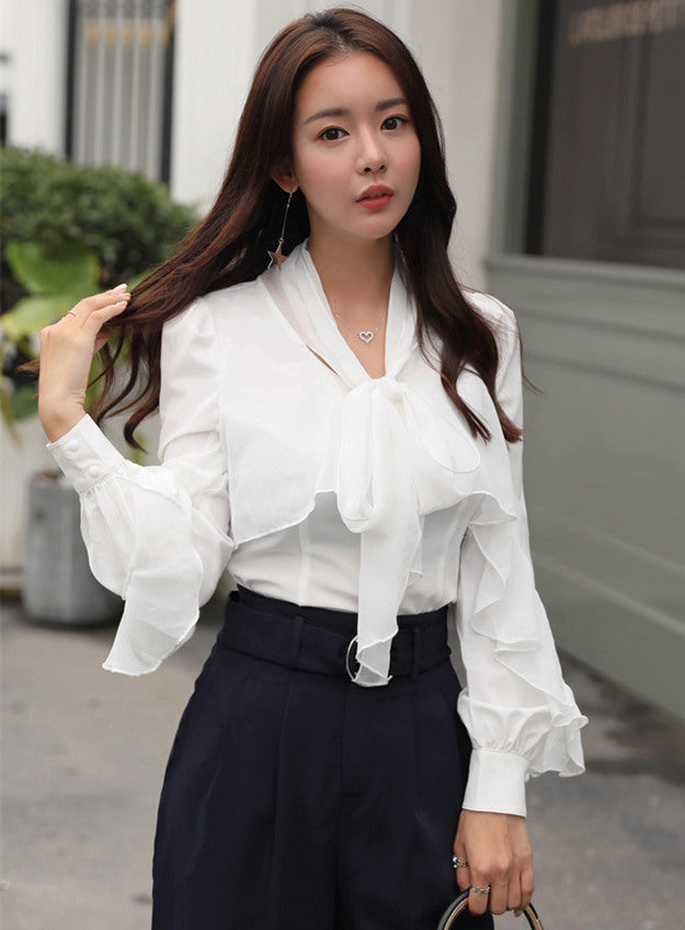 CM-TF121505 Women Seoul Style Long Sleeve Tie Bowknot Flouncing Chiffon Blouse - White