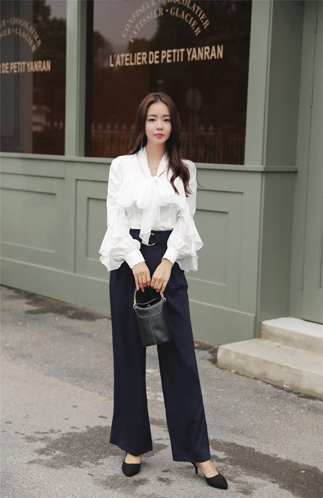 CM-TF121505 Women Seoul Style Long Sleeve Tie Bowknot Flouncing Chiffon Blouse - White
