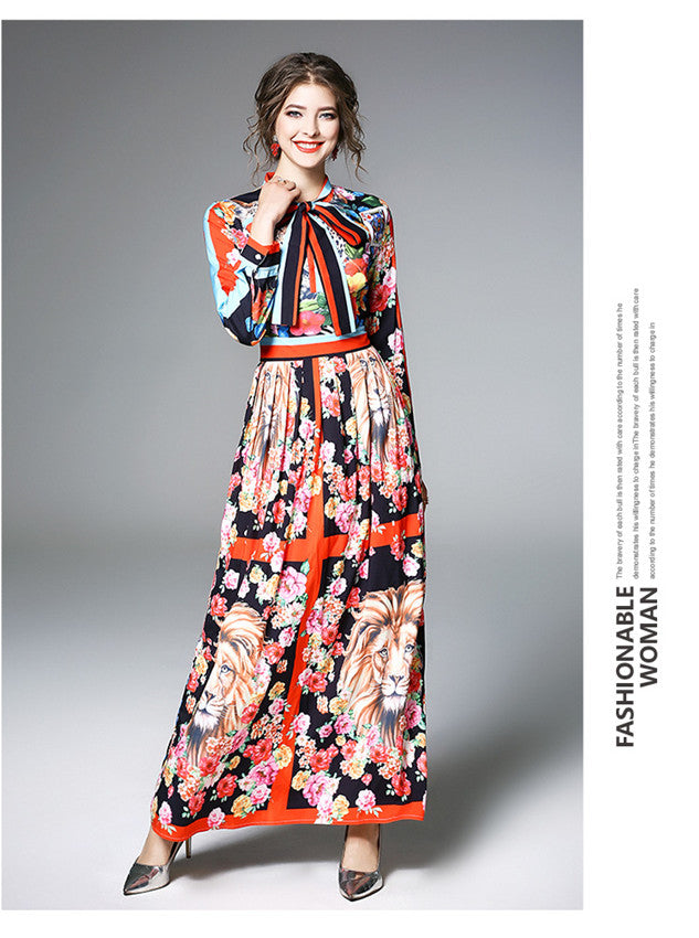 CM-DF121516 Women Elegant Retro Style Bowknot Collar High Waist Floral Maxi Dress