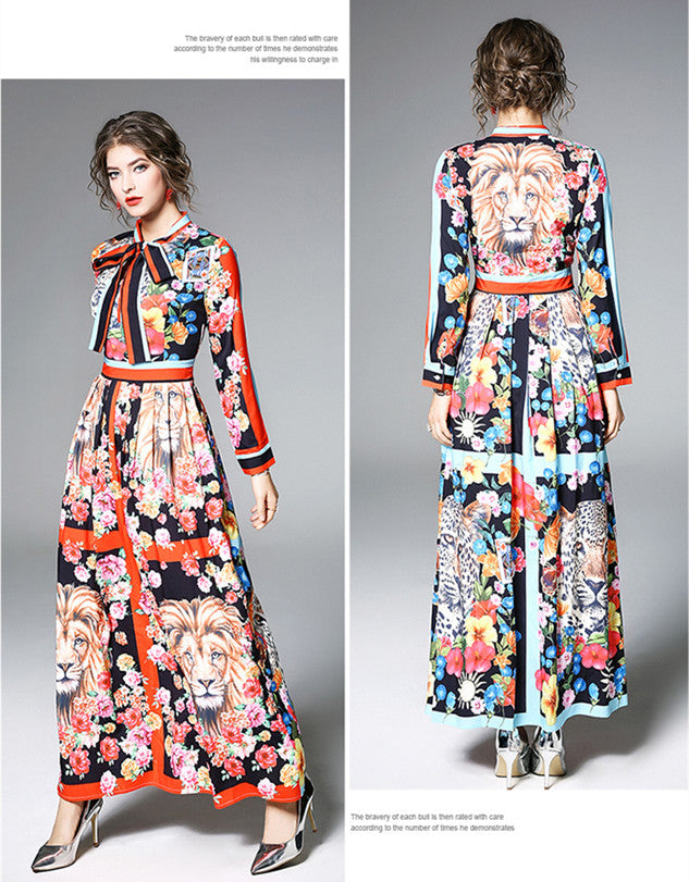 CM-DF121516 Women Elegant Retro Style Bowknot Collar High Waist Floral Maxi Dress