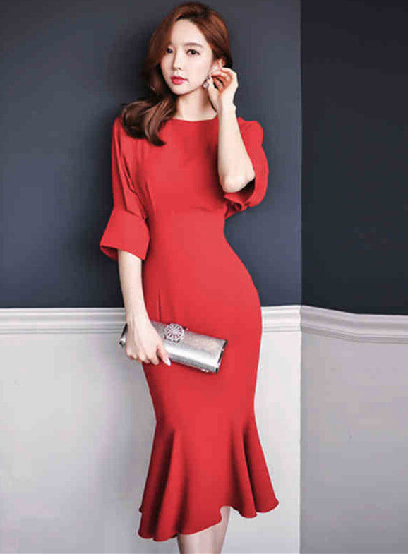 CM-DF122628 Women Elegant European Style Round Neck Puff Sleeve Fishtail Long Dress - Red