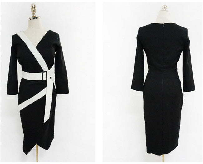 CM-DF123110 Women Elegant Seoul Style V-Neck Bodycon Long Sleeve Dress - Black