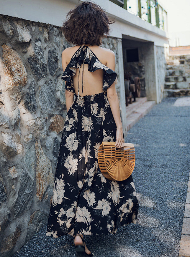 CM-DF010408 Women Retro Style Flouncing Backless Floral Maxi Dress - Black