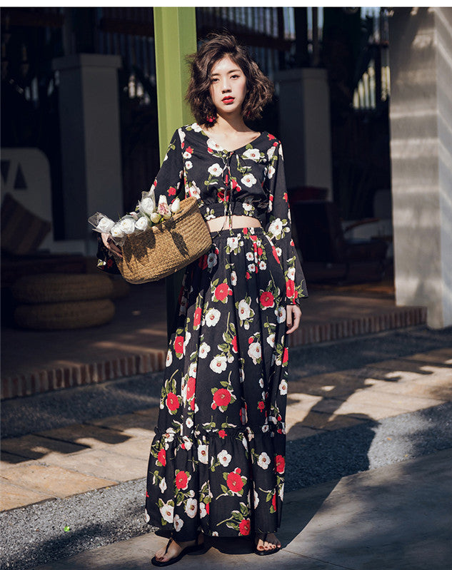 CM-SF010409 Women Casual Seoul Style Flare Sleeve Floral Top With Long Skirt - Set