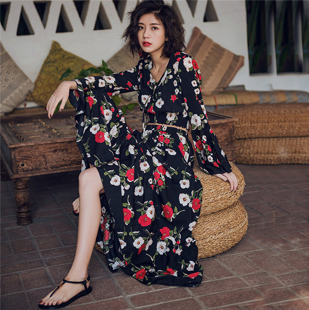 CM-SF010409 Women Casual Seoul Style Flare Sleeve Floral Top With Long Skirt - Set