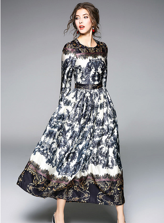 CM-DF010413 Women Elegant Retro Style Round Neck High Waist Floral Maxi Dress