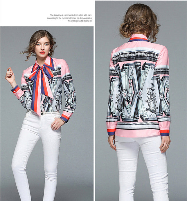 CM-TF010711 Women European Style Bowknot Collar Printings Loosen Blouse