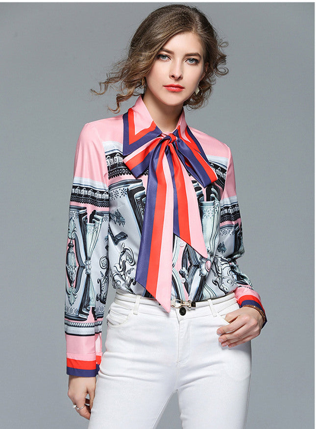 CM-TF010711 Women European Style Bowknot Collar Printings Loosen Blouse