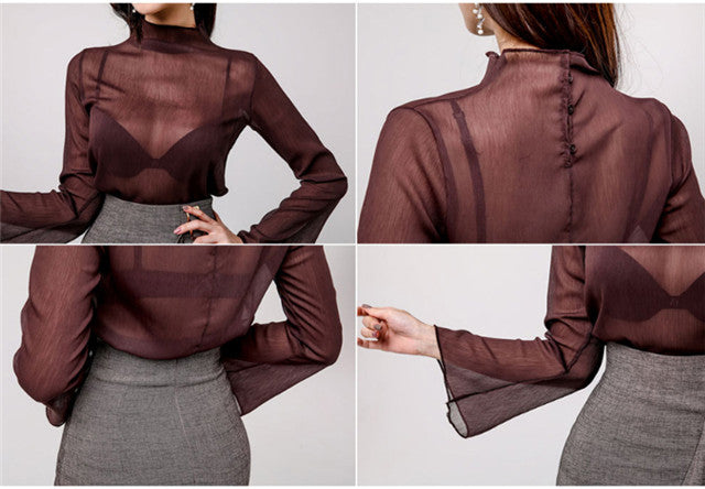 CM-SF011117 Women Elegant Transparent Blouse With Flouncing Skinny Skirt - Set