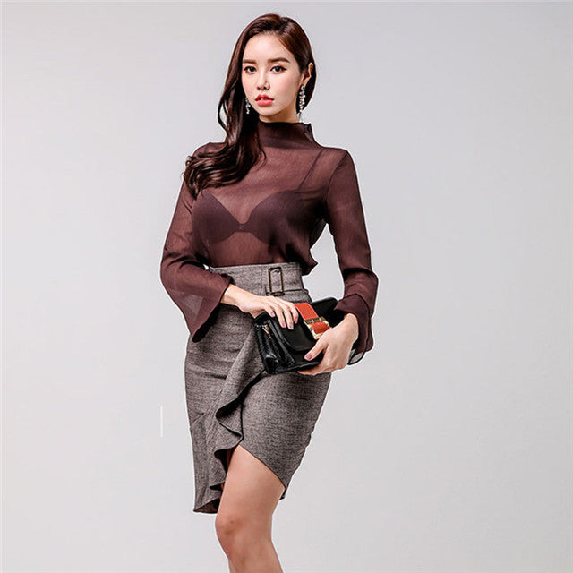 CM-SF011117 Women Elegant Transparent Blouse With Flouncing Skinny Skirt - Set