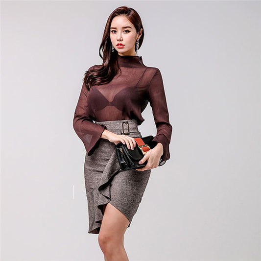 CM-SF011117 Women Elegant Transparent Blouse With Flouncing Skinny Skirt - Set
