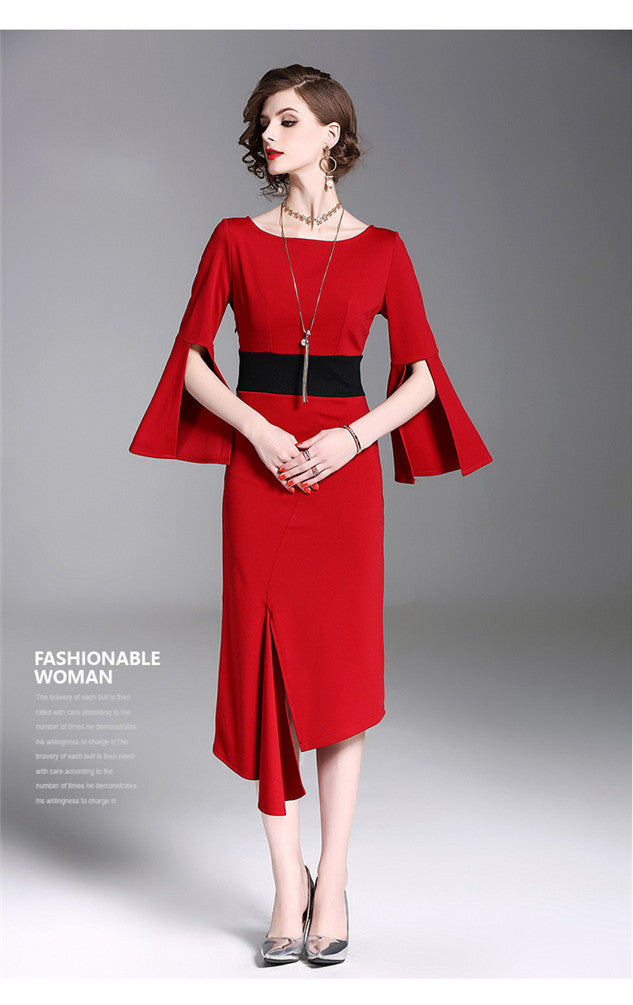 CM-DF012018 Women Elegant European Style Round Neck Flare Sleeve Skinny Dress - Red