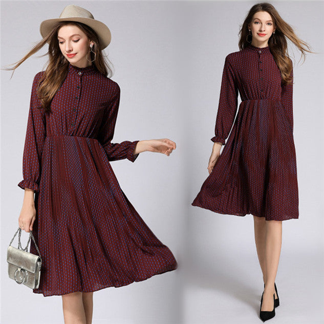 CM-DF012604 Women European Style Elastic Waist Dots Pleated Chiffon Dress - Wine Red